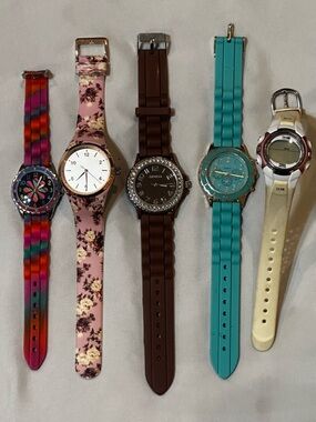 Women’s Rubber Band Watch Bundle: Floral, Tie Dye, Timex, Geneva